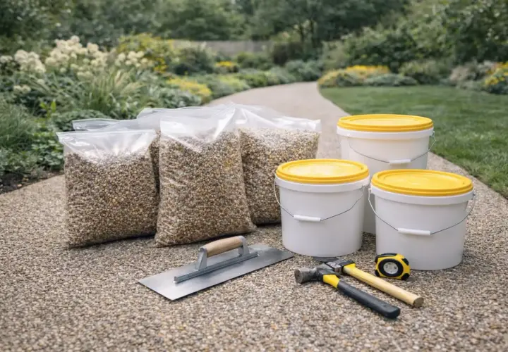 Attrezzi e sacchi di ghiaia pronti per la pulizia pavimenti esterni. Un set per un giardino impeccabile.