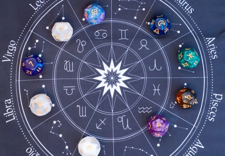 Kości do gry z symbolami zodiaku i cyframi, w tym kostka z numerologiczną 10, leżą na tle wykresu astrologicznego.