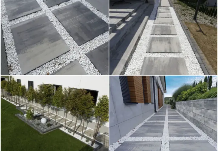 Nowoczesne ścieżki z płyt betonowych i białego żwiru wokół domu. Inspiracje na aranżację ogrodu i podjazdu.