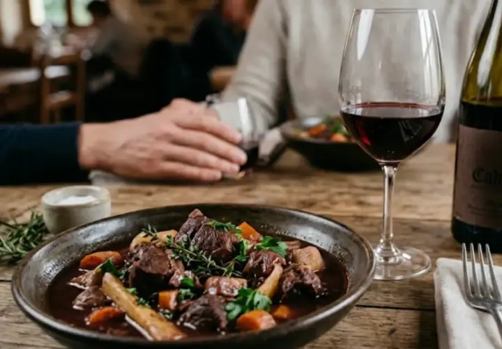 Un plat de gibier mijoté, servi avec un verre de vin rouge Cahors. Un repas réconfortant.