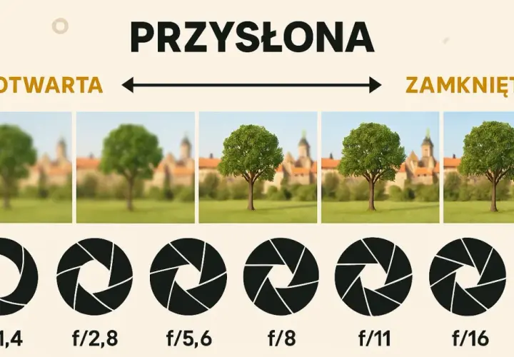 Przysłona zmienia głębię ostrości. Od otwartej (f/1,4) do zamkniętej (f/16), drzewo staje się coraz ostrzejsze.