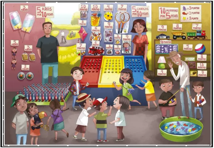 Niños jugando en una feria, practicando la expresión oral al describir los premios y juegos. ¡Hay muchas láminas de expresión oral!
