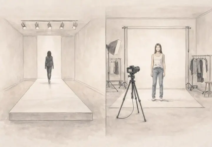 Ilustracja przedstawia scenę z wybiegu i sesji zdjęciowej z modelką.