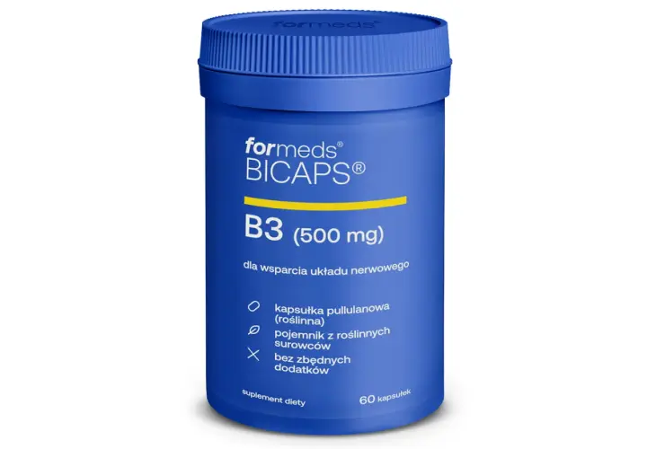 Niebieski suplement diety Formeds BICAPS B3 (500 mg) wspiera układ nerwowy. Witamina PP w kapsułkach pullulanowych, bez zbędnych dodatków.