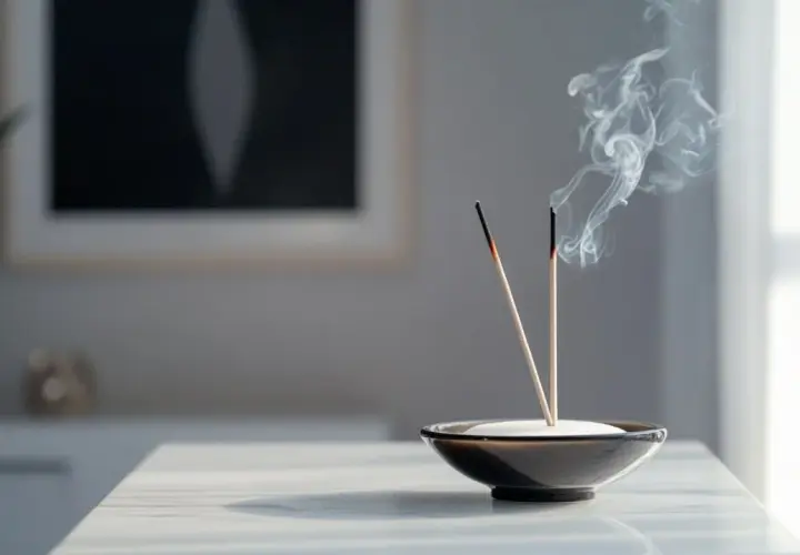 Dos varitas de incienso purificador humean suavemente en un cuenco, creando una atmósfera serena.