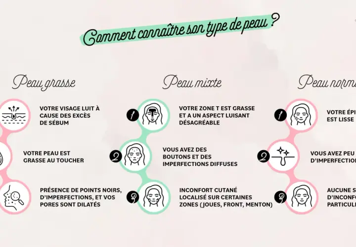 Guide pour comment savoir quel type de peau on a : peau grasse, mixte ou normale. Illustrations et descriptions des caractéristiques de chaque type.