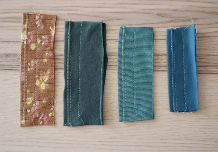 Four fabric swatches, including a floral print and solid colors, show different cut and sew knits techniques with visible white stitching.