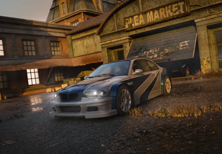 BMW M3 E46 z kultowej gry Need for Speed Most Wanted Remake czeka na wyścig przy zniszczonym "Flea Market".