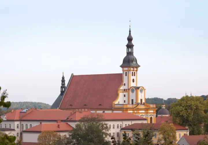 Das Kloster Neuzelle mit seinen roten Dächern und dem markanten Turm, umgeben von Bäumen.