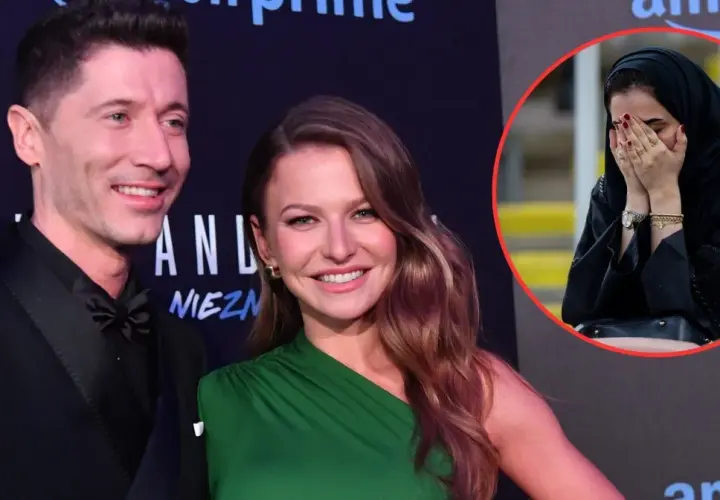 Anna i Robert Lewandowski na premierze. W tle kobieta w hidżabie zakrywająca twarz, być może przeżywająca emocje związane z transferem do ligi saudyjskiej.