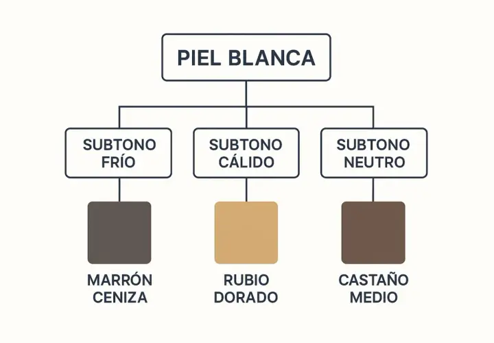 Guía para piel blanca: subtipo frío favorece marrón ceniza, cálido rubio dorado, neutro castaño medio. Descubre qué color de pelo me favorece si soy blanca.