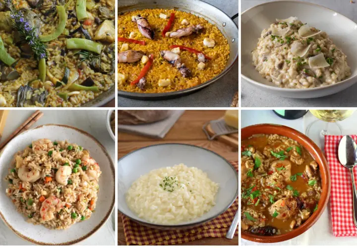 Variedad de recetas de arroz: paella, risotto cremoso, arroz frito con gambas y más.