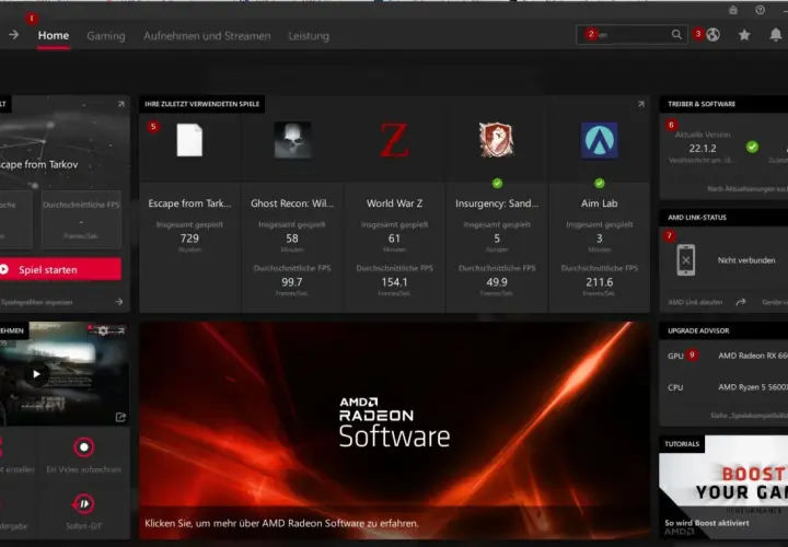 AMD Radeon Software zeigt zuletzt gespielte Spiele und Treiber-Infos. Der AMD Adrenalin Treiber ist aktuell.