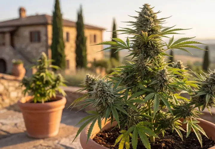 Piante di marijuana outdoor in vaso, con una casa in stile toscano sullo sfondo al tramonto.