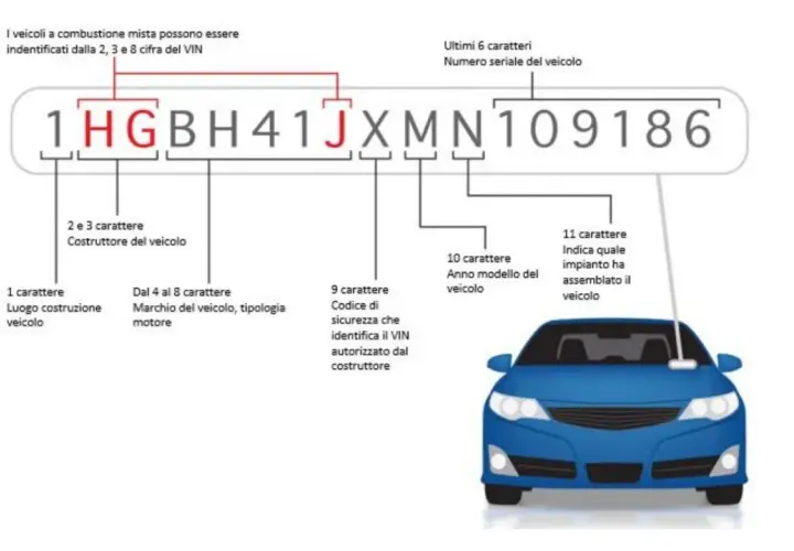 Schema per ricavare codice OEM da telaio (VIN). Ogni cifra del numero di telaio fornisce informazioni sul veicolo.