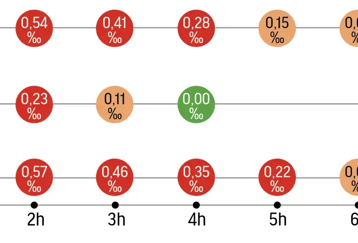 Wykres pokazuje, ile się trzeźwieje po 0,5 litra wódki. Różne naczynia i czasy pokazują poziom promili.