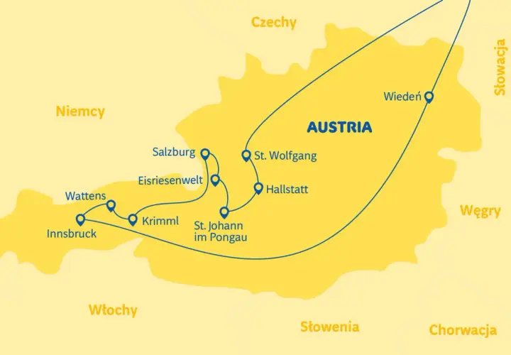 Mapa Austrii z zaznaczonymi miastami: Innsbruck, Wattens, Eisriesenwelt, Salzburg, Krimml, St. Johann im Pongau, St. Wolfgang, Hallstatt, Wiedeń. Trasa 43 kierunkowy jaki kraj.