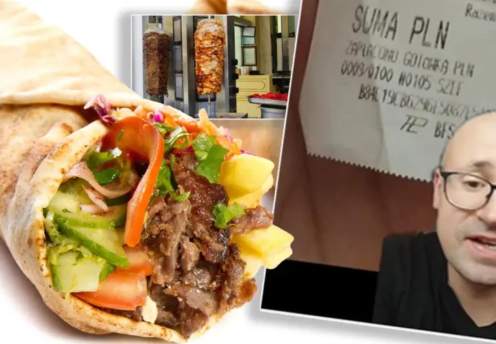 Kebab w picie, obrotowe mięso, paragon i mężczyzna w okularach.