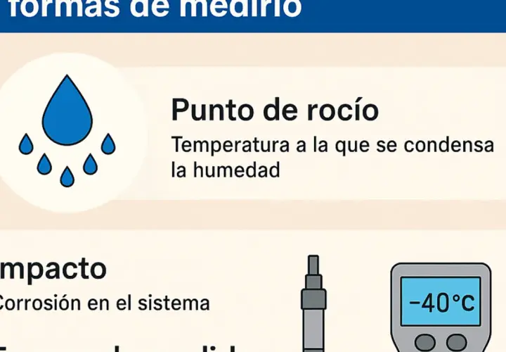Icono de gotas de agua y texto sobre el punto de rocío, la temperatura a la que el aire condensado se vuelve visible.