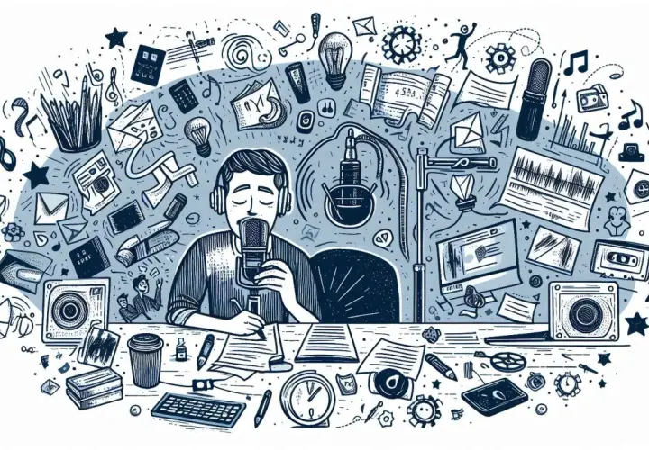 Przykładowy tekst dla lektora: Mężczyzna w słuchawkach nagrywa podcast, otoczony symbolami kreatywności i dźwięku.