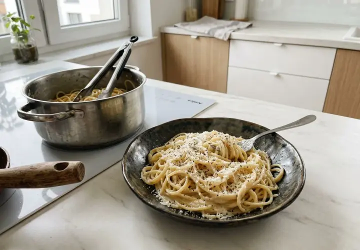 Pyszny makaron cacio e pepe, gotowy do podania, z garnka na blacie kuchennym.