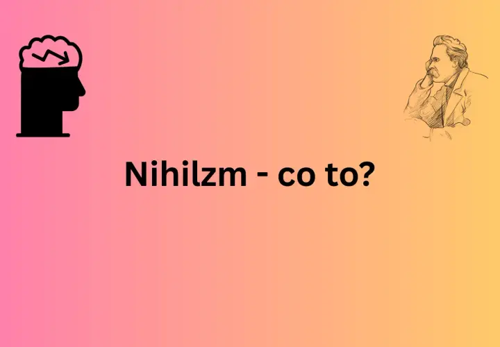 Czarna głowa z mózgiem i strzałką symbolizuje rozważania nad nihilizmem. Obok szkic Nietzschego.