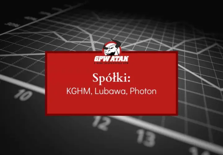 Analiza akcji Lubawa, KGHM i Photon. Wykresy giełdowe w tle.
