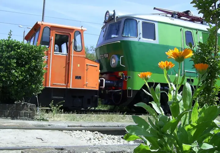 Pomarańczowa lokomotywa manewrowa i zielono-szara lokomotywa elektryczna ET22-558. Żargonowe nazwy taboru kolejowego.