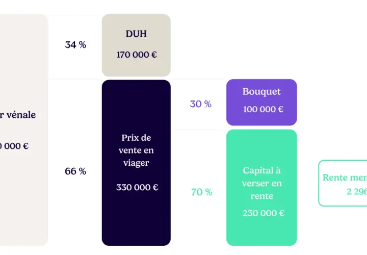 Schéma expliquant comment ça marche le viager : valeur vénale 500k€, prix de vente 330k€, bouquet 100k€, capital versé en rente 230k€, rente mensuelle 2296€.