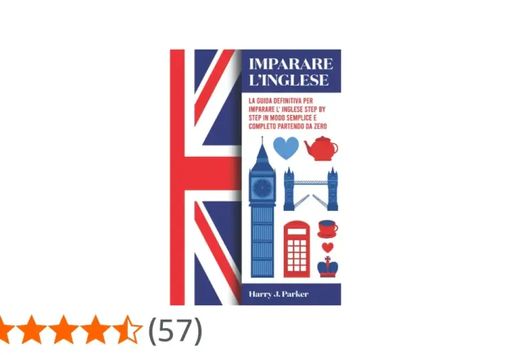 Copertina di un libro per imparare l'inglese, con icone di Londra e la Union Jack. Perfetto per chi vuole imparare l'inglese, magari guardando un film in inglese.