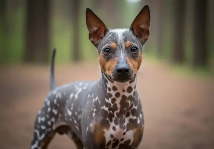 Ein nackter Hund mit auffälligen Flecken steht im Wald.