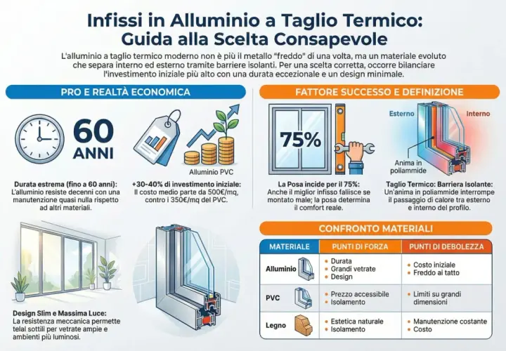 Infissi in alluminio a taglio termico: guida alla scelta. L'anima in poliammide isola, garantendo comfort e durata eccezionale.