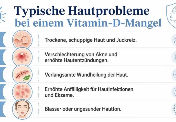 Les symptômes d'une carence en vitamine D incluent peau sèche, acné, cicatrisation lente, infections cutanées et teint pâle.