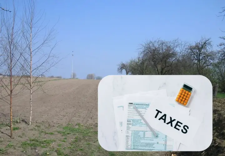 Pole i młode drzewka. Na pierwszym planie dokumenty podatkowe i kalkulator, sugerujące podatek od zakupu działki rolnej.