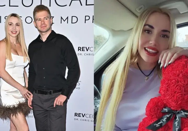Marianna Schreiber z mężem na evencie. Po prawej Marianna z misiem z róż.