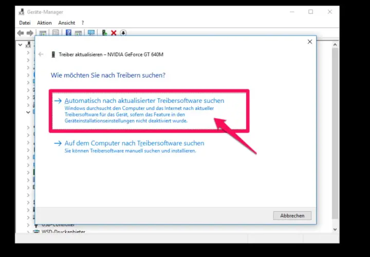 Geräte-Manager: Option "Automatisch nach aktualisierter Treibersoftware suchen" für NVIDIA-Grafikkarte hervorgehoben. Ein quick driver updater wird gesucht.