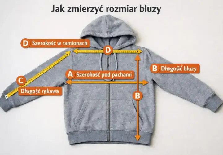 Szara bluza z kapturem z miarką. Pokazano, jak zmierzyć szerokość pod pachami (A), długość bluzy (B), długość rękawa (C) i szerokość w ramionach (D).