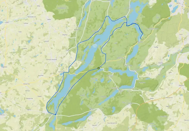 Mapa z zaznaczoną trasą rowerową wokół jeziora.