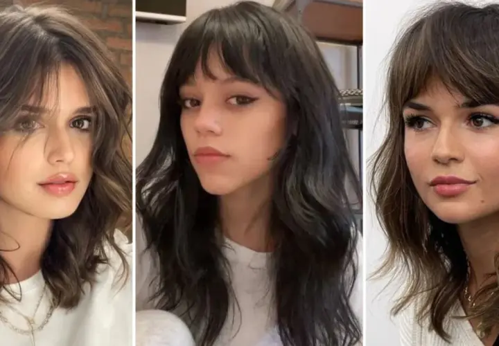Tres mujeres con cortes de pelo modernos, incluyendo un estilo mullet mujer con capas y flequillo.