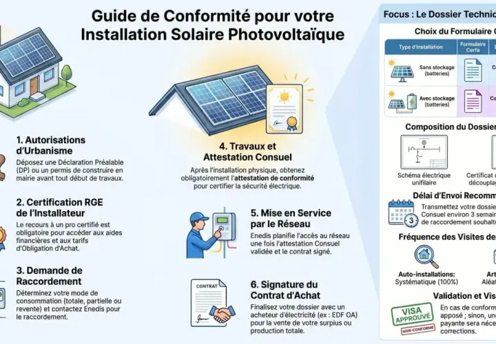 Guide pour l'installation solaire photovoltaïque, étapes clés et documents nécessaires. Ce guide assure la défense consommateur panneaux photovoltaïques.