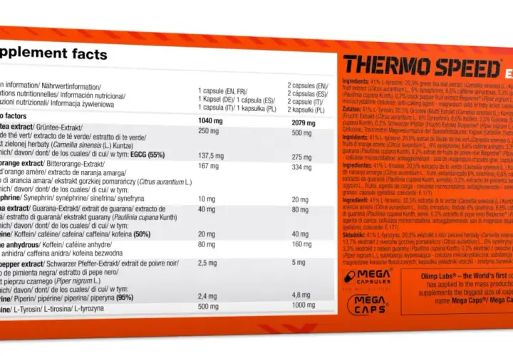 Thermo Speed Extreme dawkowanie: składniki aktywne w 1 i 2 kapsułkach, w tym ekstrakt z zielonej herbaty, gorzkiej pomarańczy, guarany, kofeina, piperyna.