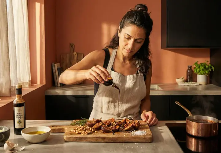 Una mujer añade vinagre balsámico a higos asados en una tabla de cortar. La escena muestra ingredientes para una deliciosa receta.