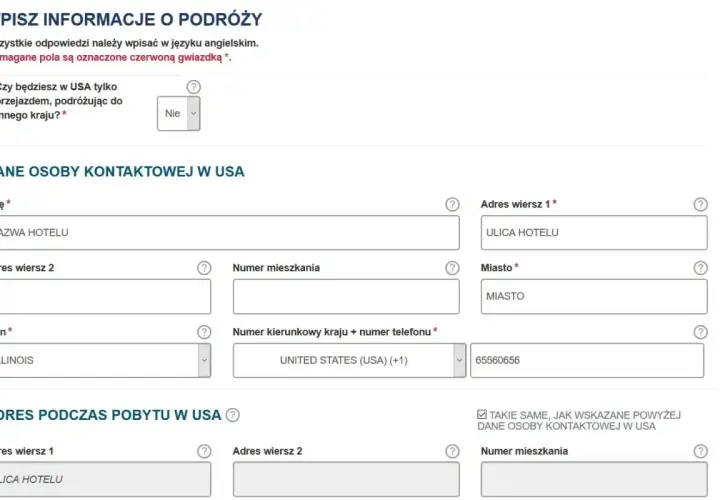 Formularz ESTA z polskimi polami do wypełnienia, np. dane kontaktowe w USA.