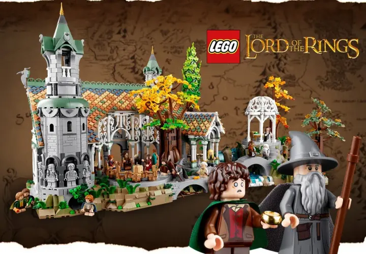 Lego Bruchtal mit Gandalf und Frodo. Das Set zeigt das Elbenreich mit detailreicher Architektur und vielen Figuren.