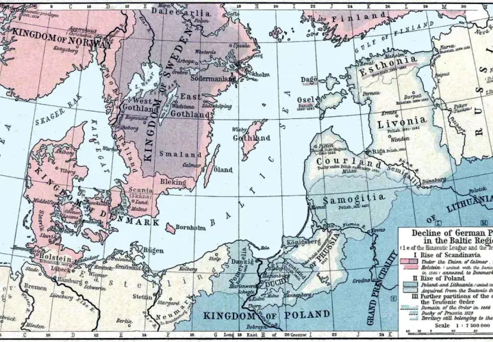 Stara mapa Europy Północnej i Wschodniej z zaznaczonymi królestwami i regionami.