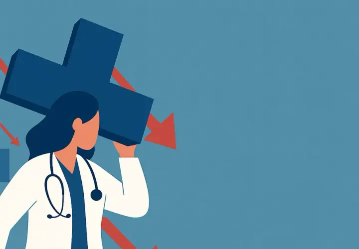 Medico con croce blu, frecce rosse in calo e grafico. Simboleggia un sistema mutualistico prima del '78 in difficoltà.