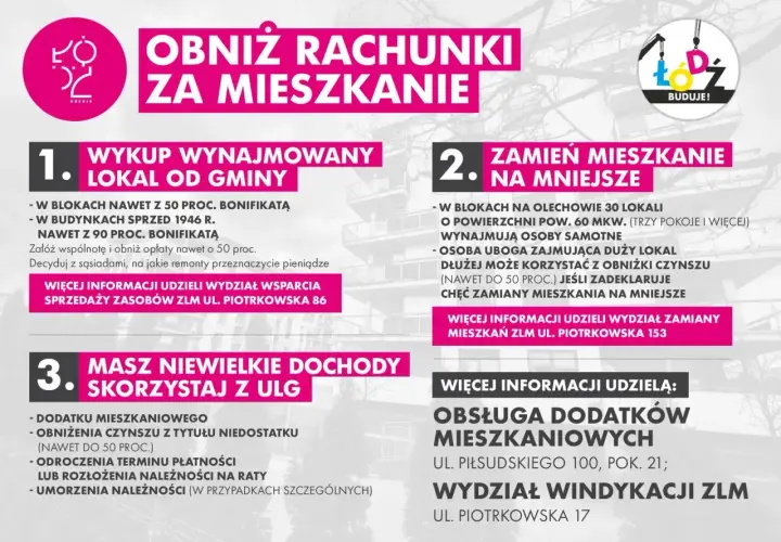 1. Wykup wynajmowany lokal od gminy z bonifikatą do 90%. 2. Zamień mieszkanie na mniejsze, z bonifikatą do 50%. 3. Masz niskie dochody? Skorzystaj z ulg.