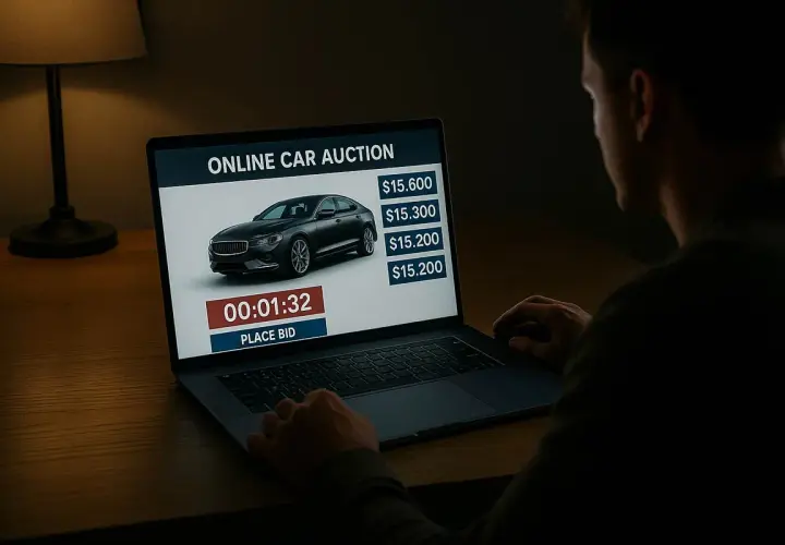 Mężczyzna licytuje samochód na aukcji online.