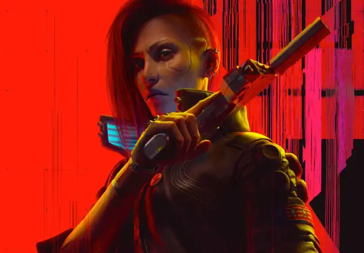 Cyberpunk 2077 osiągnięcia: kobieta z cybernetyczną ręką i pistoletem na tle czerwonych, glitchujących linii.