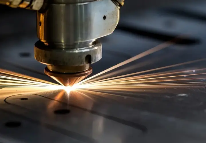 Macchina laser che taglia l'acciaio con un fascio luminoso e scintille.